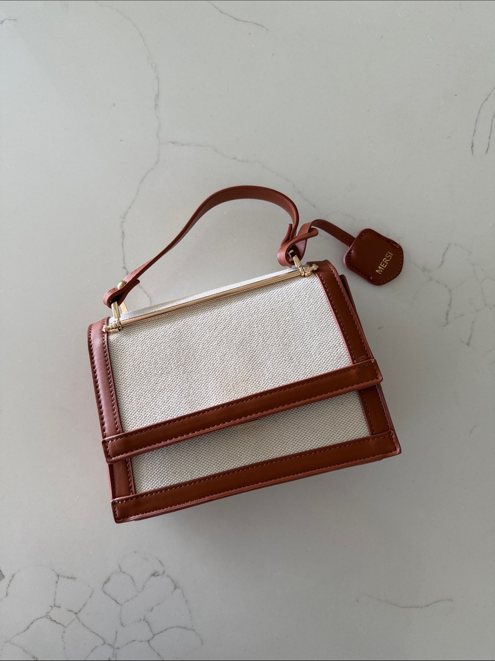 Mini Top-Handle Box Bag in Cream & Tan